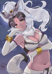 Rule 34 | 1girl, animal ear fluff, animal ears, armpits, bare shoulders, bindi, black hair, breasts, cleavage, closed mouth, dark-skinned female, dark skin, elbow gloves, fang, fang out, finger to mouth, forked eyebrows, fur collar, gloves, grey hair, hair rings, high ponytail, highres, indian wolf (kemono friends), kemono friends, large breasts, leaning to the side, light blush, long hair, looking at viewer, moon, multicolored hair, navel, night, night sky, outdoors, parted bangs, sarong, sky, smile, solo, star (sky), starry sky, stomach, tail, tsuppushi, wolf ears, wolf girl, wolf tail, wrist wings, yellow eyes