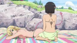 Rule 34 | 2girls, animated, animated gif, barefoot, bikini, blonde hair, breasts, covering privates, covering breasts, demon girl, demon tail, feet, large breasts, lotte no omocha!, mercelida ygvar, multiple girls, screencap, demon girl, swimsuit, tail, topless, ursula sumarlidi