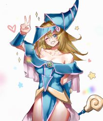 Rule 34 | 1girl, absurdres, arm behind back, bare shoulders, bennopi, blonde hair, blue eyes, blue hat, blush stickers, breasts, cleavage, collarbone, dark magician girl, fingernails, hair between eyes, hat, heart, highres, holding, holding wand, long hair, off shoulder, one eye closed, rainbow, smile, solo, sparkle, teeth, v, wand, yu-gi-oh!