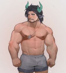 Rule 34 | 1boy, abs, absurdres, animal ears, arms at sides, bara, cow boy, cow ears, cow horns, eyebrow cut, facial hair, feet out of frame, goatee, green eyes, green horns, grey shorts, highres, horns, large pectorals, looking to the side, male focus, mature male, medium hair, mr samoye, muscular, muscular male, mustache, navel, nipples, original, pectorals, short shorts, shorts, solo, standing, stomach, strongman waist, thick eyebrows, topless male