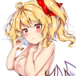 Rule 34 | 1girl, alternate breast size, blonde hair, blush, bow, breasts, completely nude, flandre scarlet, hat, hat bow, large breasts, looking at viewer, lowres, no headwear, nude, one side up, pointy ears, red bow, red eyes, sakuramiya nya, simple background, solo, touhou, white background, wings