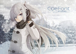 Rule 34 | 1girl, allial (coefont), black gloves, closed mouth, coat, coefont, commentary request, copyright name, forest, gloves, grey eyes, grey hair, hand in own hair, highres, kaine (gupisgood), long hair, long sleeves, looking at viewer, nature, one side up, outdoors, snow, snowing, solo, upper body, white coat, winter clothes