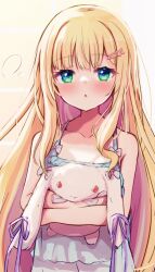 Rule 34 | 1girl, baram, bare arms, bare shoulders, blonde hair, blue camisole, blush, breasts, camisole, commentary request, dress, green eyes, hair ornament, hairclip, hugging object, long hair, looking at viewer, mononobe alice, multicolored hair, nijisanji, parted lips, pink hair, rabbit hair ornament, sleeveless, sleeveless dress, small breasts, solo, stuffed animal, stuffed rabbit, stuffed toy, two-tone hair, very long hair, virtual youtuber