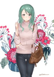 Rule 34 | 1girl, alternate costume, bad id, bad pixiv id, bag, bang dream!, closed mouth, cowboy shot, denim, elbow on arm, floral background, flower, flower request, green eyes, green hair, hand up, handbag, hikawa sayo, jeans, long hair, pants, ribbed sweater, shoulder bag, solo, sweater, t7s-kuroro, thigh gap, twitter username, white background