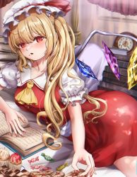 Rule 34 | 1girl, alternate breast size, ascot, ass, blonde hair, blush, book, crystal, curtains, flandre scarlet, food, food on face, frilled shirt collar, frills, hair between eyes, hat, hat ribbon, highres, indoors, long hair, looking at viewer, mob cap, nail polish, on bed, one side up, open book, open mouth, parted lips, petticoat, puffy short sleeves, puffy sleeves, red eyes, red nails, red ribbon, red skirt, red vest, ribbon, sabakuomoto, shirt, short sleeves, skirt, skirt set, solo, thighs, touhou, vest, white hat, white shirt, wings, yellow ascot