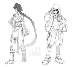 Rule 34 | 1boy, 1girl, absurdly long hair, adjusting hood, alternate costume, arm up, artist name, asymmetrical clothes, asymmetrical hair, bandaid, bandaid on face, boots, braid, braided ponytail, breasts, chain, closed mouth, clothes writing, club (shape), cross-laced footwear, cyberpunk, dagger, dated, detached sleeves, drawstring, dress, elbow gloves, english text, eyewear around neck, from behind, full body, gloves, godzillapigeon1, goggles, greyscale, hair between eyes, hand in pocket, hand on own hip, harness, highres, holding, holding dagger, holding knife, holding weapon, hood, hood up, hoodie, knee pads, knife, leg hair, long hair, long sleeves, looking at viewer, monochrome, open clothes, open vest, pants under shorts, pelvic curtain, pocket, scissor seven, seven (scissor seven), sheath, sheathed, shoes, short hair, short sleeves, shorts, side ponytail, signature, simple background, single braid, single pantsleg, small breasts, sneakers, socks, standing, sweater, thigh strap, thirteen (scissor seven), very long hair, vest, weapon, white background, zipper