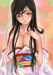 Rule 34 | 1girl, black hair, breast suppress, breasts, cleavage, dead or alive, dead or alive 4, grey eyes, japanese clothes, kimono, kokoro (doa), large breasts, long hair, looking at viewer, mikazuki akira!, no bra, obi, off shoulder, pink kimono, sash, solo, tecmo