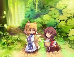 Rule 34 | 2girls, :3, animal ears, basket, blonde hair, brown hair, cat ears, cat girl, cat tail, chen, chibi, china dress, chinese clothes, dress, earrings, closed eyes, female focus, forest, fox ears, fox tail, hands in opposite sleeves, jewelry, kamisakai, long sleeves, multiple girls, multiple tails, nature, no headwear, no headwear, outdoors, tail, touhou, walking, wide sleeves, yakumo ran, yellow eyes