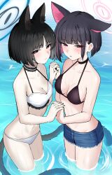 2girls animal_ear_fluff animal_ears bikini bikini_top_only black_bikini black_choker black_eyes black_hair black_nails blue_archive blue_halo blue_shorts blush breasts cat_ears cat_girl cat_tail choker cleavage closed_mouth commentary_request denim denim_shorts extra_ears fingernails frilled_choker frills gradient_tail halo highres holding_hands kazusa_(blue_archive) kikyou_(blue_archive) looking_at_viewer medium_breasts multicolored_tail multiple_girls multiple_tails nail_polish narrowed_eyes navel nichijou_(nichijoutouhou) open_mouth pink_halo red_eyes short_hair short_shorts shorts swimsuit tail thighs two_tails wading wet wet_hair white_bikini