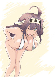 Rule 34 | 10s, 1girl, absurdres, bent over, breasts, brown hair, cleavage, hair ornament, hands on own hips, highres, kantai collection, kongou (kancolle), large breasts, leaning forward, one eye closed, open mouth, rino (tisato), slingshot swimsuit, solo, swimsuit, wink, yellow eyes