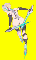 Rule 34 | 1girl, absurdres, aqua eyes, armor, ass, back, bare back, blade, blonde hair, blue hair, closed mouth, commentary request, dagger, dual wielding, elbow gloves, enkyo yuuichirou, from behind, gloves, headphones, heel blade, highres, holding, holding dagger, holding knife, holding weapon, knife, looking at viewer, looking back, mechanical spine, multicolored hair, original, revealing clothes, reverse grip, short hair, solo, streaked hair, weapon