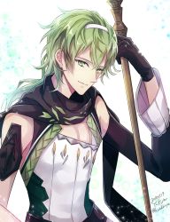 Rule 34 | 1boy, black gloves, black scarf, closed mouth, commentary request, david (fate), fate/grand order, fate (series), gloves, green eyes, green hair, hair ornament, hairband, holding, holding staff, long hair, looking at viewer, male focus, scarf, signature, smile, solo, staff, tiara, yuuzuki lily