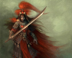Rule 34 | 1girl, arm guards, armor, artist request, brown eyes, brown hair, headdress, red theme, samurai, solo, standing, sword, wallpaper, weapon