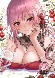 Rule 34 | 1girl, bare shoulders, blush, breasts, cleavage, closed mouth, commentary, cup, detached collar, drinking glass, flower, food, fruit, hair flower, hair ornament, hand on own cheek, hand on own face, highres, holding, holding cup, hololive, hololive english, large breasts, long hair, looking at viewer, mori calliope, mori calliope (party dress), nail polish, pink hair, red eyes, red flower, red nails, smile, solo, upper body, virtual youtuber, yougenko