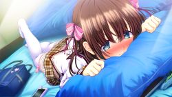 Rule 34 | 1girl, amano rei, bag, bed, blush, brown hair, cellphone, game cg, giga (company), legs, looking away, lying, multicolored eyes, nironiro, no shoes, hugging object, on bed, on stomach, phone, pillow, pillow grab, pillow hug, pleated skirt, ren&#039;ai phase, ribbon, school bag, school uniform, short hair, skirt, solo, thighs, white legwear
