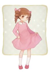 Rule 34 | 1girl, ayu (mog), bad id, bad pixiv id, blunt ends, bow, brown eyes, brown hair, chibi maruko-chan, dot nose, dress, drill hair, full body, hair bow, jougasaki himeko, multiple hair bows, parted bangs, pink dress, shoes, simple background, socks, solo, standing, twin drills, white background