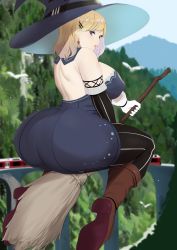 Rule 34 | 1girl, ass, back, bare shoulders, blonde hair, blush, boots, braid, breasts, bridge, earrings, flying, hair ornament, hairclip, hat, highres, huge ass, jewelry, large breasts, lips, looking at viewer, looking back, medium hair, miruku (shoutao), original, outdoors, parted lips, purple eyes, shoutao, sideboob, sitting, sky, solo, train, witch, witch hat