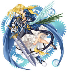 Rule 34 | 1boy, 1girl, absurdres, angel wings, asymmetrical wings, black dress, blonde hair, blue eyes, blue hair, bow, circlet, couple, cross, detached sleeves, dizzy (guilty gear), dress, english text, gears, gem, guilty gear, guilty gear 2, hair bow, highres, hug, huge weapon, husband and wife, ky kiske, long hair, orippa, red eyes, simple background, sword, tail, tail bow, tail ornament, weapon, white background, wings, yellow bow