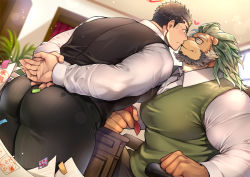 Rule 34 | 2boys, arm behind back, arsalan (housamo), ass, bara, beard, blurry, blurry background, blush, bush, chair, closed eyes, coat, collared shirt, couple, day, desk, facial hair, furry, furry male, furry with non-furry, glasses, green hair, halo, heart, holding hands, huge ass, interspecies, kiss, large pectorals, light, light rays, lion boy, looking at another, male focus, mane, manly, mature male, multiple boys, necktie, official alternate costume, pants, paper, pectorals, room, shirt, sitting, sleeveless, spiked hair, striped clothes, striped pants, stubble, sweatdrop, thick arms, thick eyebrows, thick thighs, thighs, tight clothes, tight pants, tokyo houkago summoners, wafu (youzora samo18), window, yaoi, zabaniyya (fashionista suit) (housamo), zabaniyya (housamo)