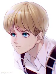 Rule 34 | 1boy, armin arlert, artist name, backlighting, blonde hair, bloom, blue eyes, bowl cut, commentary request, from side, highres, looking ahead, male focus, popped collar, portrait, pout, sayo nara drawing, shingeki no kyojin, shirt, short hair, simple background, solo, thick eyebrows, undercut, white background, white shirt