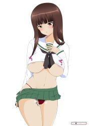 Rule 34 | 1girl, :o, areola slip, black neckerchief, black panties, blunt bangs, blush, breasts, brown eyes, brown hair, clothes pull, commentary, cowboy shot, female pubic hair, girls und panzer, green skirt, groin, hand on own chest, highres, jewelry, large breasts, long hair, long sleeves, looking at viewer, mature female, microskirt, midriff, navel, neckerchief, nishizumi shiho, no bra, ooarai school uniform, open clothes, open skirt, panties, parted lips, pink chameleon, pleated skirt, pubic hair, pubic hair peek, pulling own clothes, revealing clothes, ring, sailor collar, school uniform, serafuku, shirt, simple background, skirt, skirt pull, solo, standing, straight hair, string panties, underboob, underwear, uniform, wedding ring, white background, white sailor collar, white shirt