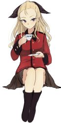 Rule 34 | 1girl, assam (girls und panzer), black ribbon, black skirt, blonde hair, blue eyes, boots, closed mouth, commentary, cup, epaulettes, full body, girls und panzer, hair pulled back, hair ribbon, highres, holding, holding cup, holding saucer, invisible chair, jacket, light frown, long hair, long sleeves, looking at viewer, military, military uniform, miniskirt, necro (nekurodayo), pleated skirt, red jacket, ribbon, saucer, simple background, sitting, skirt, solo, st. gloriana&#039;s military uniform, teacup, uniform, white background