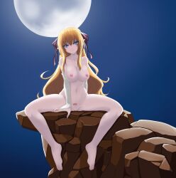 Rule 34 | 1girl, blonde hair, blue eyes, breasts, bridal gauntlets, cliff, commentary request, completely nude, enoko (zqfebi), full body, full moon, highres, large breasts, long hair, moon, nipples, nude, original, pubic tattoo, pussy, sitting, smile, solo, spread legs, tattoo