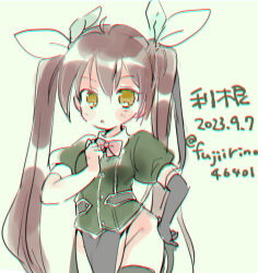 Rule 34 | 1girl, black gloves, black thighhighs, blush, brown hair, character name, dated, elbow gloves, fujii rino, gloves, green background, hair ribbon, kantai collection, long hair, parted lips, pelvic curtain, puffy short sleeves, puffy sleeves, ribbon, short sleeves, simple background, single elbow glove, single glove, sketch, solo, thighhighs, tone (kancolle), tone kai ni (kancolle), twintails, twitter username, yellow eyes