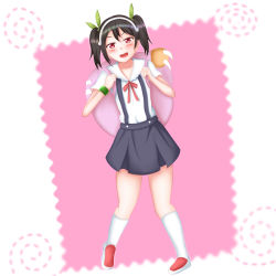 Rule 34 | 1girl, artist name, artist request, bag behind back, bare legs, black hair, blue skirt, blush, bow, cowboy shot, female focus, full body, green bow, hair bow, hairband, highres, looking at viewer, love live!, love live! school idol project, minami izumi325, red eyes, red ribbon, ribbon, sailor collar, shoes, short hair, skirt, smile, solo, twintails, white hairband, white legwear, yazawa nico