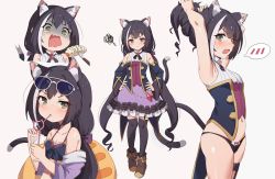 Rule 34 | 1girl, @ @, animal ear fluff, animal ears, ankle boots, armpits, bare shoulders, bikini, black bikini, black hair, black panties, black thighhighs, blush, boots, bow, breasts, brown footwear, cat ears, cat girl, cat tail, crazy straw, crying, crying with eyes open, cup, detached sleeves, drinking, drinking glass, drinking straw, eyewear on head, fang, fork, frilled skirt, frills, front-tie bikini top, front-tie top, garter straps, green eyes, hair bow, highres, holding, holding cup, karyl (princess connect!), karyl (summer) (princess connect!), larva, long hair, long sleeves, looking at viewer, looking to the side, low twintails, lunia, multicolored hair, multiple views, panties, ponytail, princess connect!, purple bow, purple skirt, simple background, skirt, sleeveless, small breasts, spoken blush, squiggle, streaked hair, sunglasses, sunglasses on head, sweat, swimsuit, tail, tears, thigh strap, thighhighs, turn pale, twintails, tying hair, underwear, v-shaped eyebrows, very long hair, white-framed eyewear, white background, white hair, wide sleeves, zettai ryouiki