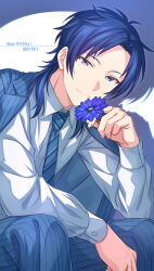 Rule 34 | 1boy, blue flower, blue hair, blue jacket, blue necktie, blue pants, collared shirt, commentary request, dated, feet out of frame, flower, grey eyes, happy birthday, highres, holding, holding flower, jacket, long sleeves, looking at viewer, medium hair, miake sawa, necktie, on air!, pants, sekina, shadow, shirt, sitting, smile, solo, spotlight, striped clothes, striped jacket, striped necktie, striped pants, upper body, vertical-striped clothes, vertical-striped pants, white shirt