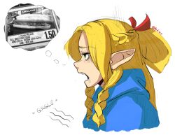 Rule 34 | 1girl, absurdres, blonde hair, blue robe, braid, commentary, costco, dungeon meshi, elf, english commentary, english text, from side, green eyes, hair ribbon, highres, hungry, imagining, instagram username, long hair, marcille donato, open mouth, parted bangs, photo inset, plaid art, pointy ears, profile, red ribbon, ribbon, robe, saliva, simple background, solo, thought bubble, white background