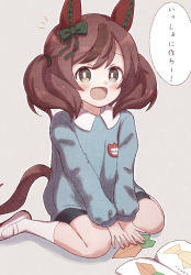 Rule 34 | 1girl, :d, aged down, alternate costume, animal ears, black shorts, blue shirt, blush, book, bow, brown eyes, brown hair, collared shirt, commentary request, ear bow, green bow, grey background, hair ornament, highres, horse ears, horse girl, horse tail, kindergarten uniform, long sleeves, looking at viewer, nice nature (umamusume), open mouth, origami, puffy long sleeves, puffy sleeves, red hair, shadow, shirt, shoes, short shorts, shorts, simple background, sitting, smile, socks, solo, sunanuko (ramuneko), tail, translated, twintails, umamusume, uwabaki, wariza, white footwear