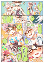 Rule 34 | + +, 3girls, :3, :d, bad id, bad pixiv id, beanie, black hair, blush, breasts, callie (splatoon), cleavage, comic, detached collar, earrings, fangs, food, food on head, gloves, hair rings, hat, highres, inkling, inkling girl, inkling player character, jewelry, long hair, marie (splatoon), multiple girls, musical note, nanai (771nanai), nintendo, nose blush, object on head, open mouth, orange eyes, pantyhose, pointy ears, polka dot, polka dot background, quaver, short hair, simple background, small breasts, smile, splatoon (series), splatoon 1, sushi, translation request, white gloves