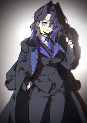 Rule 34 | 1girl, absurdres, arm up, black gloves, black jacket, black pants, black suit, blue eyes, blue hair, blue necktie, braid, breasts, buttons, choker, coat, coat on shoulders, collar chain (jewelry), collared shirt, cowboy shot, double-breasted, dress shirt, ear piercing, earrings, unworn eyewear, formal, glasses, gloves, hair intakes, hair over one eye, hand in pocket, highres, holding, holding removed eyewear, hololive, hololive english, jacket, jewelry, jon eve, large breasts, long sleeves, looking at viewer, mafia (vocaloid), multicolored hair, necktie, official alternate costume, open clothes, ouro kronii, overcoat, pant suit, pants, piercing, shirt, short hair, single braid, solo, suit, suit jacket, toasting (gesture), two-sided fabric, virtual youtuber, waistcoat, watch, wristwatch