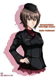 Rule 34 | 1girl, artist logo, black hat, black jacket, brown eyes, brown hair, character name, closed mouth, commentary, cropped torso, dated, dress shirt, english commentary, frown, garrison cap, girls und panzer, hat, highres, insignia, jacket, kuromorimine military uniform, long sleeves, looking at viewer, military, military hat, military uniform, nishi itsumi, nishizumi maho, pleated skirt, red shirt, red skirt, shirt, short hair, silhouette, skirt, solo, uniform, upper body, wing collar