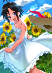 Rule 34 | 1girl, :d, antenna hair, bad id, bad pixiv id, black hair, blue sky, breasts, cleavage, cloud, collarbone, day, dress, dutch angle, flower, frills, hat, unworn hat, unworn headwear, idolmaster, idolmaster (classic), kikuchi makoto, lens flare, open mouth, short hair, sky, small breasts, smile, solo, sonsoso, standing, sun hat, sundress, sunflower, white dress