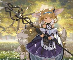Rule 34 | 1girl, absurdres, animal ears, arknights, bare shoulders, black gloves, blonde hair, blue hairband, blush, braid, closed mouth, clothing cutout, dress, earpiece, fox ears, fox girl, fox tail, gloves, green eyes, hair ornament, hairband, highres, holding, holding staff, infection monitor (arknights), kgt (pixiv12957613), kitsune, kyuubi, material growth, multicolored hair, multiple tails, oripathy lesion (arknights), outdoors, pantyhose, purple dress, shoulder cutout, smile, solo, staff, standing, suzuran (arknights), tail, twin braids, two-tone hair, white hair, white pantyhose