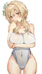 Rule 34 | 1girl, alternate breast size, blonde hair, blush, breasts, cleavage, commentary request, competition swimsuit, flower, genshin impact, hair between eyes, hair flower, hair ornament, highres, holding, holding own hair, inusaka, large breasts, lily (flower), lumine (genshin impact), medium hair, one-piece swimsuit, parted bangs, see-through swimsuit, short hair with long locks, simple background, solo, swimsuit, thighs, white background, white flower, white one-piece swimsuit, yellow eyes