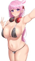 Rule 34 | 1girl, absurdres, armpits, bare arms, bare legs, bare shoulders, bikini, black bikini, blue archive, blush, braid, breasts, cleavage, collarbone, cowboy shot, eimi (blue archive), halo, headphones, headphones around neck, highres, large breasts, long hair, looking at viewer, navel, open mouth, pink eyes, pink hair, pink halo, sharen, simple background, single braid, solo, swimsuit, v, very long hair, white background, zipper, zipper bikini