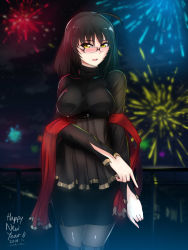 Rule 34 | 10s, 1girl, 2014, absurdres, ahoge, black hair, blush, contrapposto, dated, fireworks, glasses, highres, long hair, looking at viewer, miniskirt, open mouth, pantyhose, parted lips, shawl, side slit, skirt, solo, standing, swordwaltz, turtleneck, yellow eyes