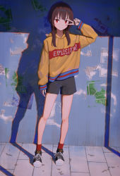 Rule 34 | 1girl, absurdres, alternate costume, bad id, bad pixiv id, black footwear, black shorts, brown hair, casual, closed mouth, clothes writing, commentary request, day, fashion, full body, hand up, highres, hood, hoodie, kenharu, kono subarashii sekai ni shukufuku wo!, long hair, long sleeves, looking at viewer, megumin, orange hoodie, outdoors, red eyes, red socks, shadow, shoes, short shorts, shorts, sleeves past wrists, smile, sneakers, socks, solo, standing, v, v over eye