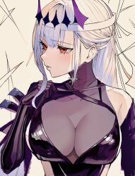 Rule 34 | 1girl, black dress, black gloves, black ribbon, breasts, cleavage, collarbone, detached sleeves, diadem, dress, gloves, goddess of victory: nikke, grey hair, hair ribbon, kuminikke, large breasts, light blush, long hair, looking to the side, marian (nikke), modernia (nikke), modernia (second affection) (nikke), parted lips, red eyes, ribbon, see-through, see-through cleavage, solo