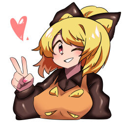 Rule 34 | 1girl, black bow, black shirt, blonde hair, blush, bow, breasts, brown dress, collared shirt, commentary request, dress, extra eyes, fingernails, grin, hair bow, hair bun, heart, highres, kurodani yamame, long sleeves, looking at viewer, medium breasts, medium hair, nail polish, one eye closed, pinafore dress, pink nails, red eyes, rinyamame, shirt, simple background, sleeveless dress, smile, solo, touhou, upper body, v, white background