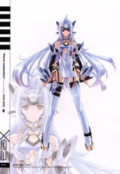 Rule 34 | 1girl, absurdres, android, antenna hair, arm guards, armor, arms at sides, bare shoulders, black gloves, black thighhighs, blue hair, boots, breasts, choco (chocolate shop), closed mouth, clothing cutout, dress, elbow gloves, faulds, forehead protector, full body, garter straps, gloves, headgear, highres, hip vent, huge filesize, kos-mos, kos-mos ver. 4, lips, looking at viewer, parted bangs, red eyes, simple background, sleeveless, sleeveless dress, solo, standing, thigh boots, thighhighs, underboob, underboob cutout, white background, white dress, white footwear, white thighhighs, xenosaga, xenosaga episode iii, zoom layer