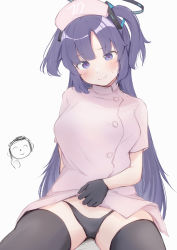 Rule 34 | 1boy, 1girl, ^ ^, absurdres, black gloves, black panties, black thighhighs, blue archive, blush, breasts, closed eyes, clothes lift, doodle sensei (blue archive), dress, dress lift, gloves, halo, hat, highres, long hair, looking at viewer, mashiro latte (msrn39), medium breasts, nurse, nurse cap, panties, pink dress, purple eyes, purple hair, sensei (blue archive), simple background, skindentation, smile, solo focus, sweatdrop, thighhighs, thumbs up, two side up, underwear, very long hair, white background, yuuka (blue archive)