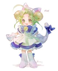 Rule 34 | 1girl, ahoge, animal hands, animal hat, apron, aubz, bell, blue dress, blush, cat hat, cat tail, dejiko, di gi charat, dress, fang, frilled dress, frills, gloves, green eyes, green hair, hat, jingle bell, maid apron, open mouth, paw gloves, paw shoes, puffy short sleeves, puffy sleeves, ribbon, shoes, short hair, short sleeves, smile, solo, tail, tail ornament, tail ribbon, white background