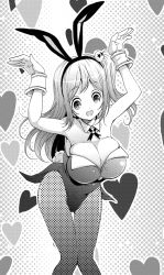 Rule 34 | 1girl, animal ears, bare shoulders, breasts, bursting breasts, cleavage, dead or alive, dead or alive 5, fake animal ears, female focus, gloves, highres, honoka (doa), kangakuraku12, large breasts, leaning forward, long hair, monochrome, open mouth, pantyhose, playboy bunny, rabbit ears, smile, solo, standing