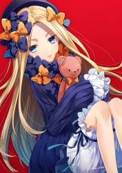 Rule 34 | 1girl, abigail williams (fate), black bow, black dress, black hat, blonde hair, bloomers, blue eyes, bow, bug, butterfly, closed mouth, commentary request, dress, fate/grand order, fate (series), hair bow, hands in opposite sleeves, hat, hugging object, insect, long hair, long sleeves, looking at viewer, orange bow, parted bangs, polka dot, polka dot bow, red background, simple background, solo, stuffed animal, stuffed toy, teddy bear, underwear, very long hair, white bloomers