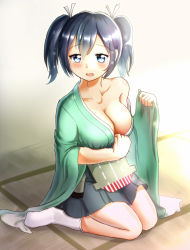 Rule 34 | 10s, 1girl, black hair, blue eyes, blush, breasts, cleavage, collarbone, feet, full body, hair ribbon, indoors, japanese clothes, kantai collection, kimono, kimono pull, kimono skirt, knees together feet apart, large breasts, looking at viewer, maku ro, no shoes, off shoulder, on floor, open clothes, open mouth, pleated skirt, ribbon, short hair, sitting, skirt, socks, solo, souryuu (kancolle), twintails, wariza, white socks, wide sleeves